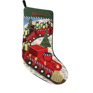Lands’ End Needlepoint Christmas Train Stocking Michael Monogrammed